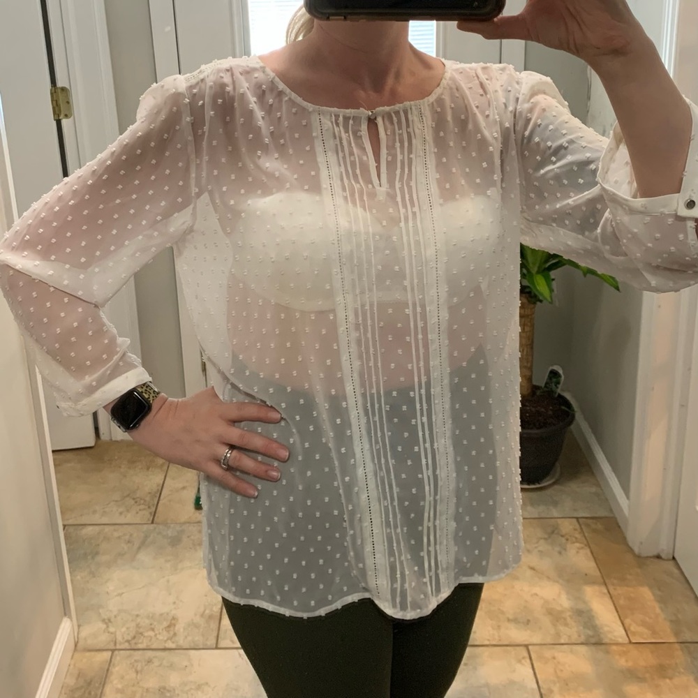Sheer White Long Sleeve Blouse w/ Polka Dots